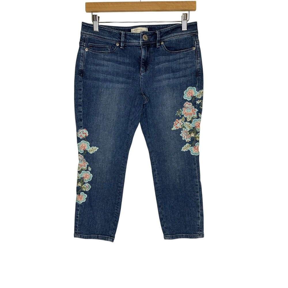 J.Jill Embroidered Cropped Capri Jeans 6 Petite Womens Authentic Fit Floral Boho